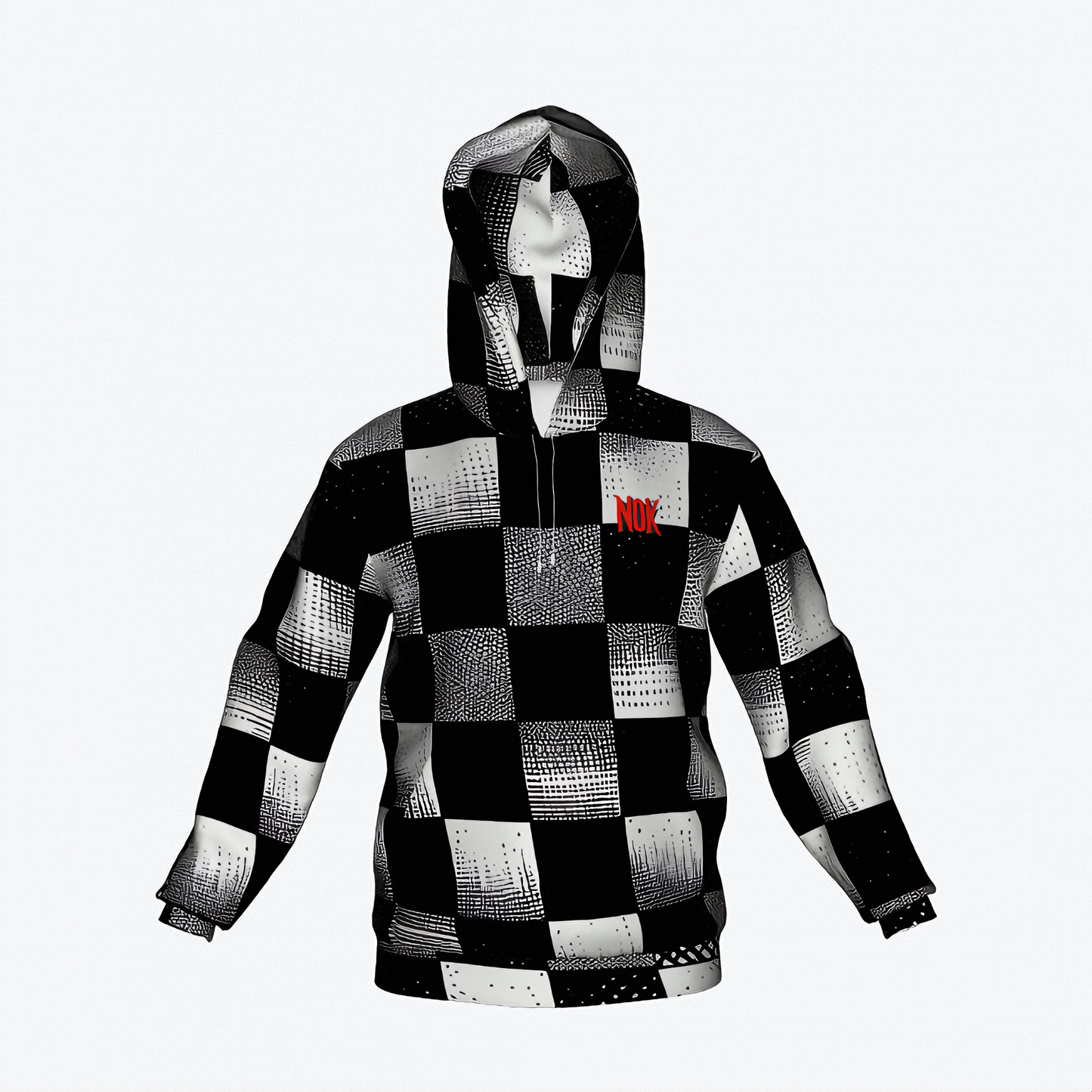 Adult black and white checkered hoodie with NOK branding