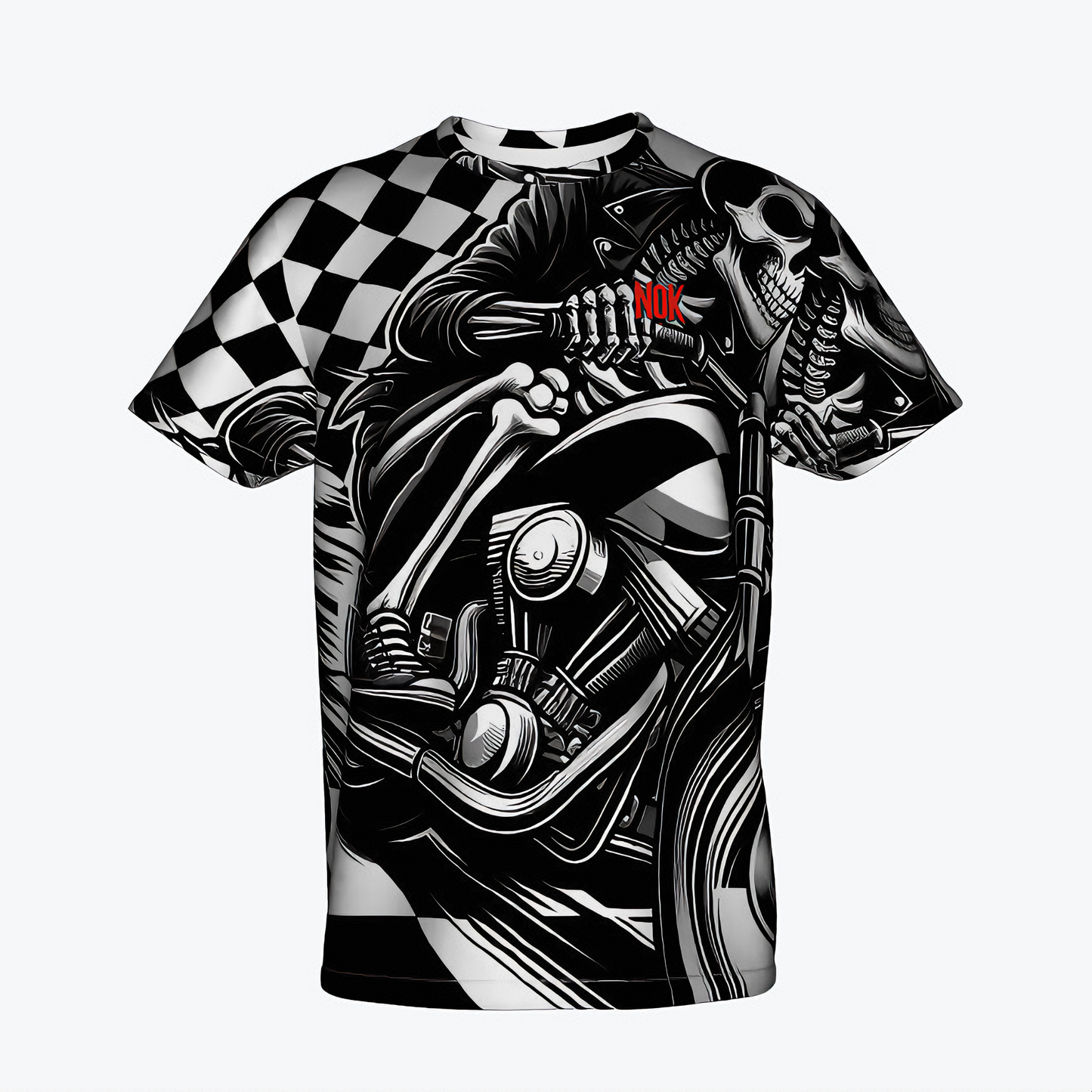 Graphic design of a skull rider on a motorcycle with checkered flag background, printed on an adult T-shirt.