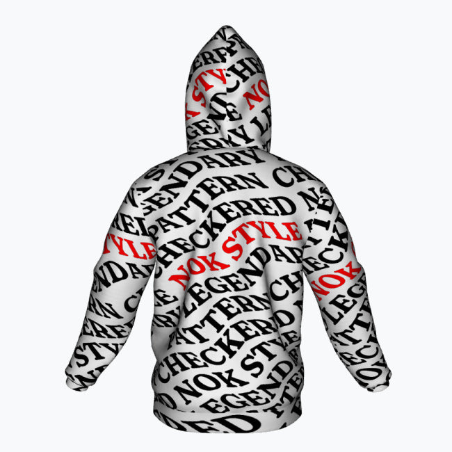 A back view of the hoodie showcasing the iconic NOK STYLE logo in red, surrounded by checkered and patterned typography.