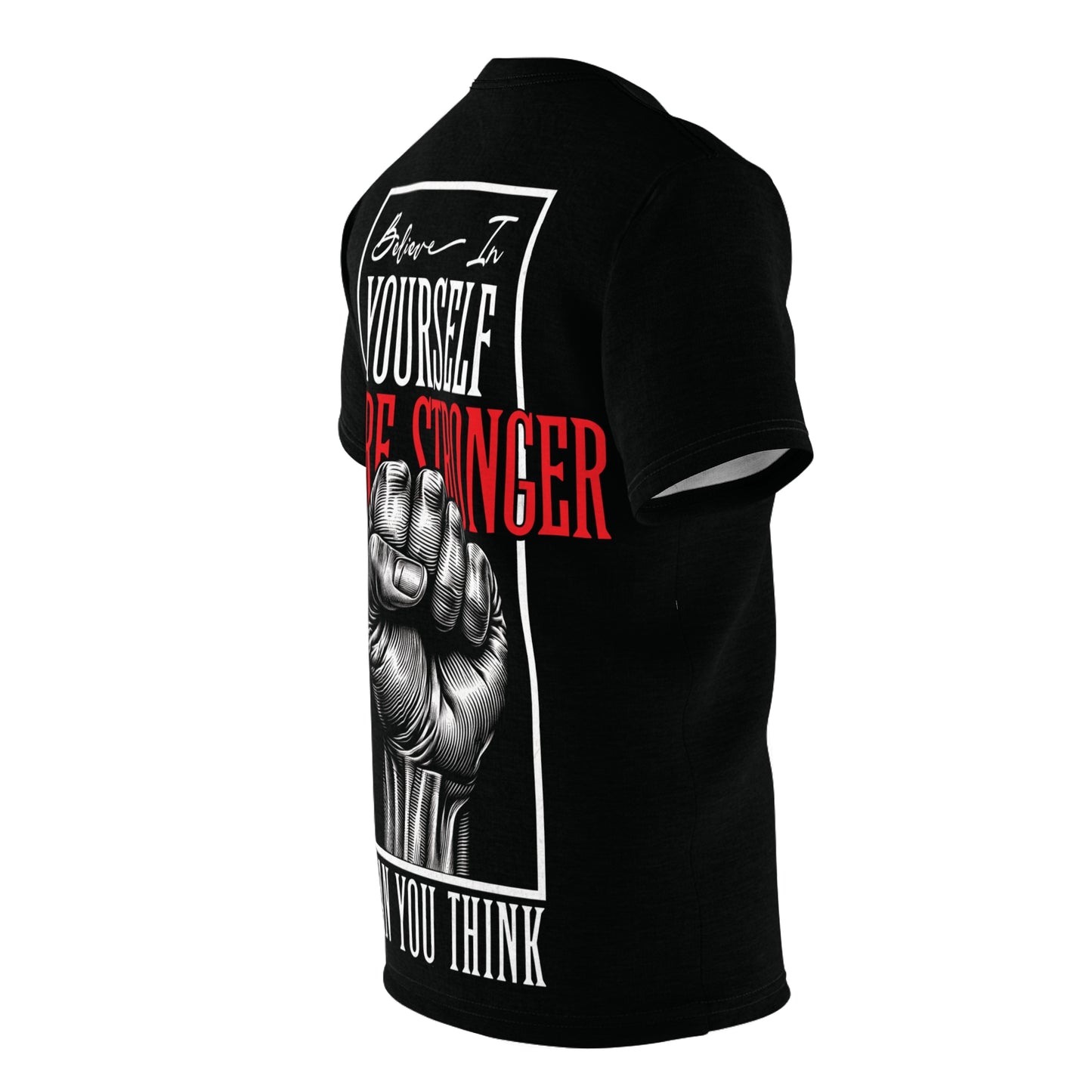 Side angle of a black t-shirt showcasing a bold fist graphic and motivational quote by NOKSTYLE.