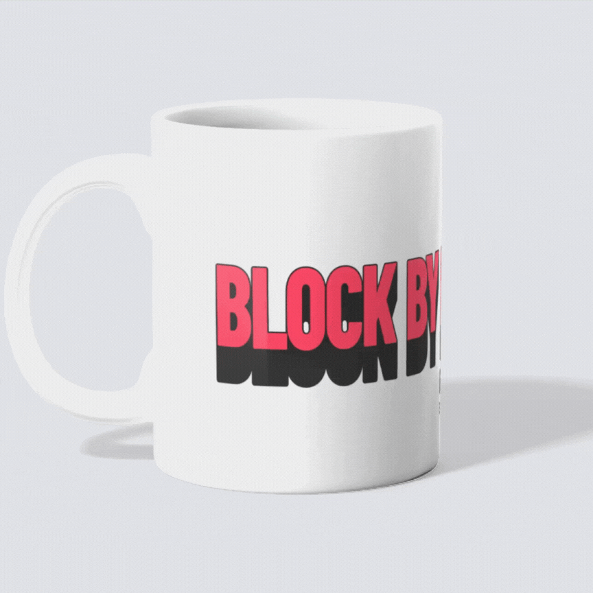 Animated rotating view of the "Block By Block" coffee mug, featuring bold and black text with a checkered pattern design.