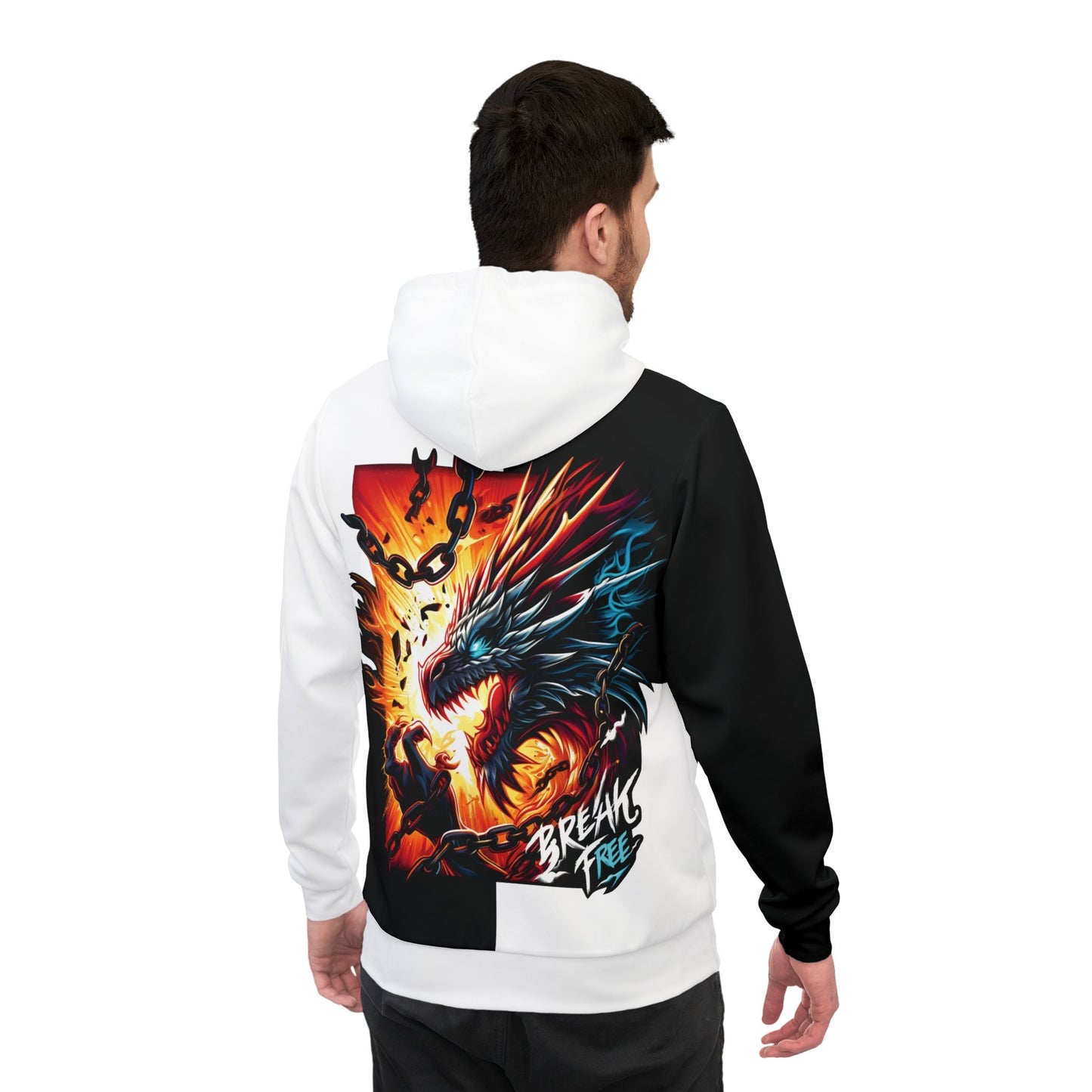 Model wearing the NOKSTYLE Break Free Hoodie, showcasing the dragon artwork and fiery design.