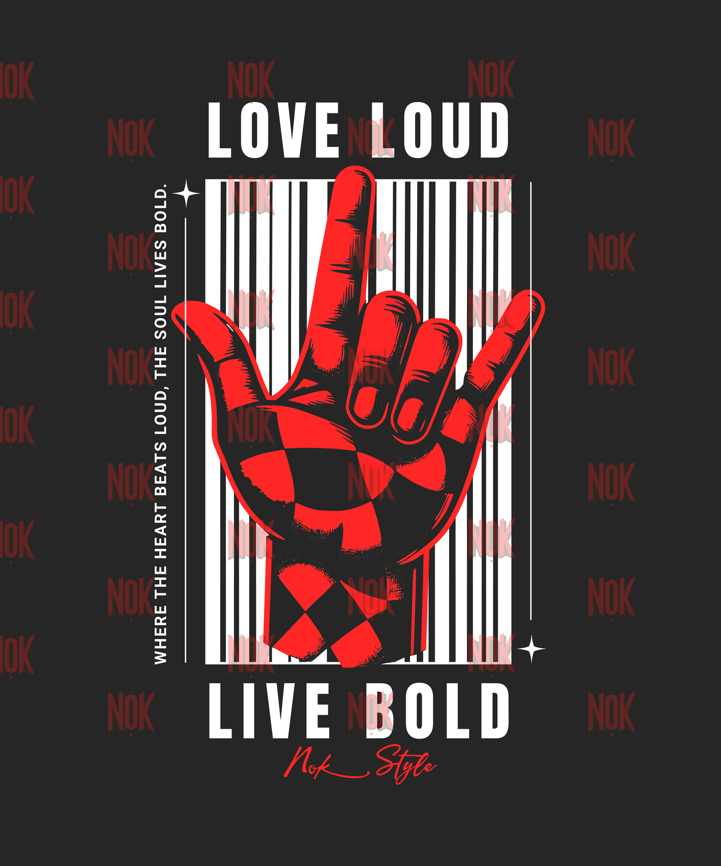Back view of the Love Loud, Live Bold T-shirt with a red checkered hand and bold "Live Loud, Live Bold" text.