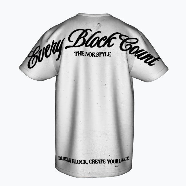 Flat lay of the Every Block Count T-Shirt's back, highlighting the detailed design.