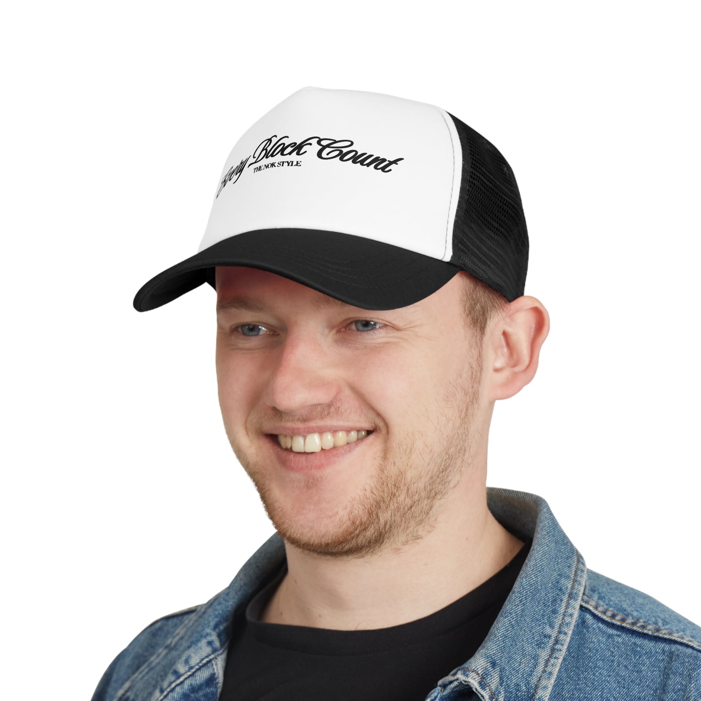 A man wearing the Every Block Count snapback cap with bold black script on the white front panel.