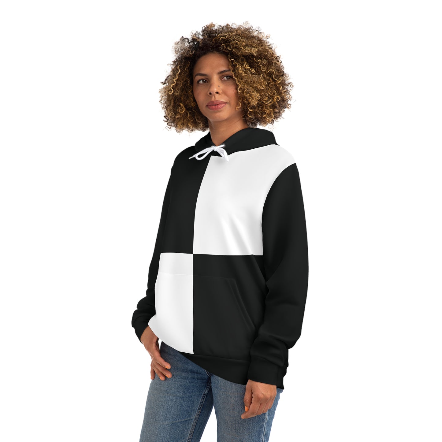 Front view of a black and white hoodie modeled by a woman, highlighting the modern color-blocked design.