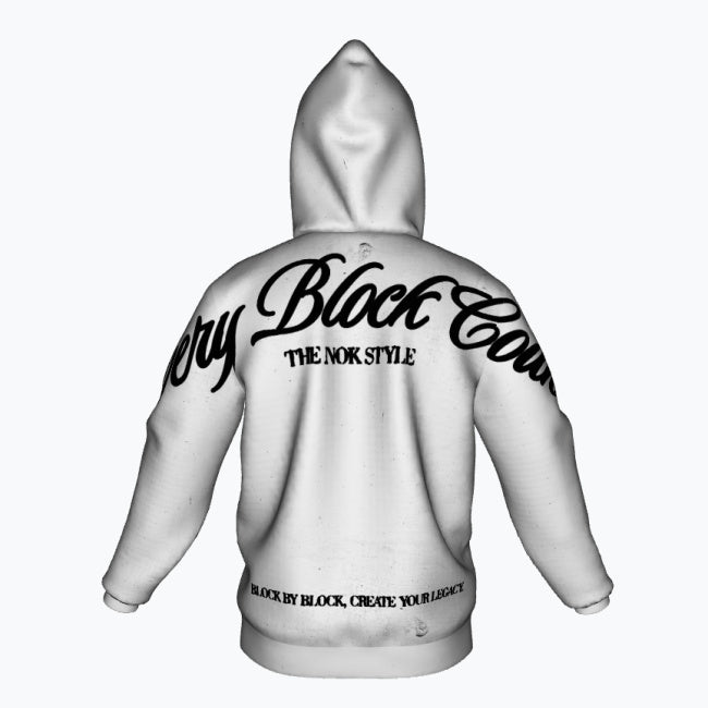 Model lay of the Every Block Count hoodie, showcasing the back design with the bold slogan.