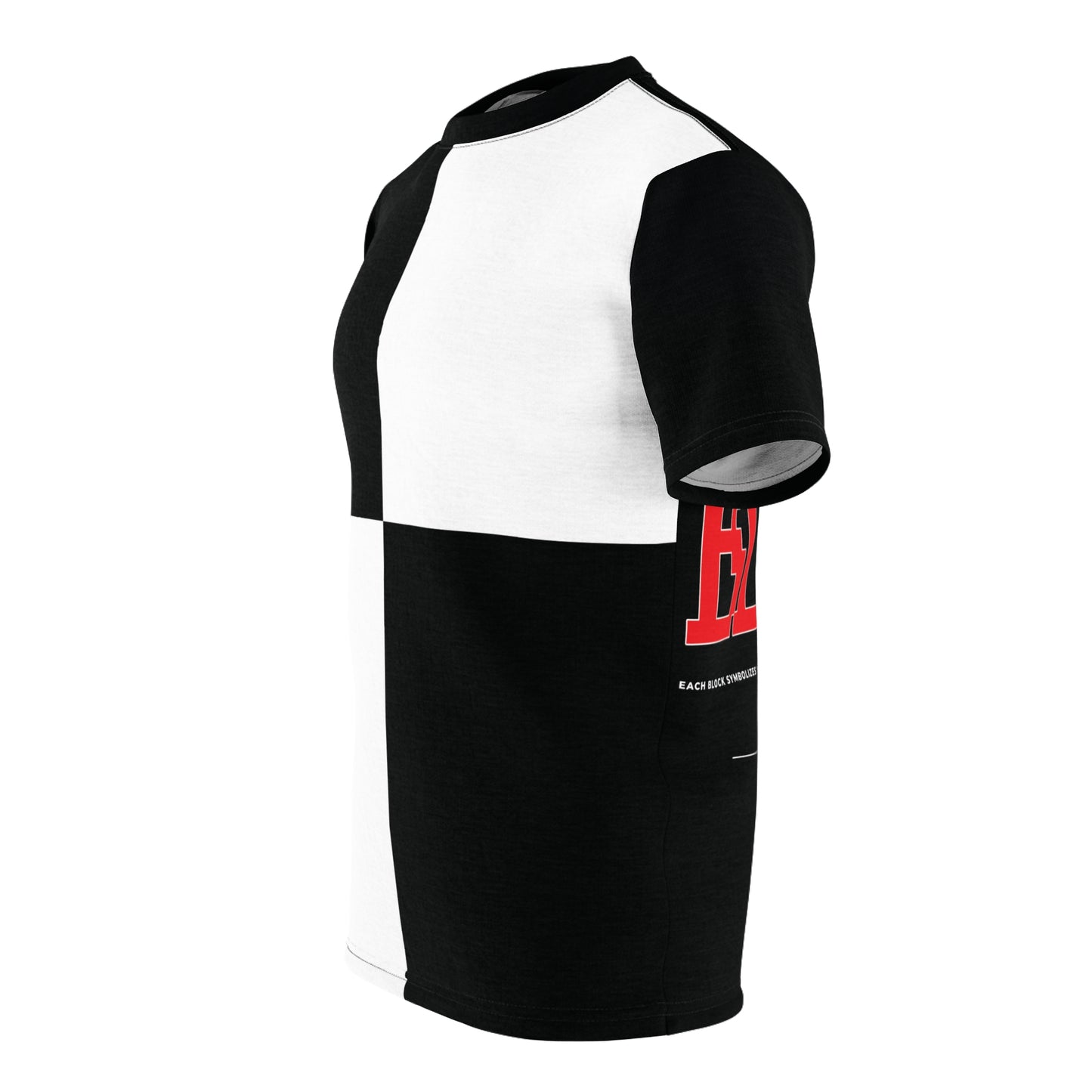 Left side view of a black and white T-shirt showcasing a split design and bold branding elements on the sleeve.