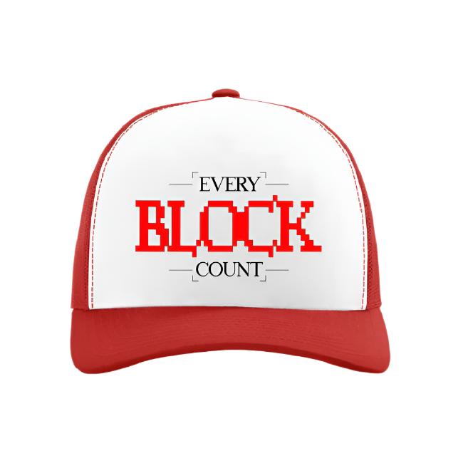 Front view of a Trucker Cap featuring a bold red pixelated 'Every Block Count' design on a white panel with a black brim.