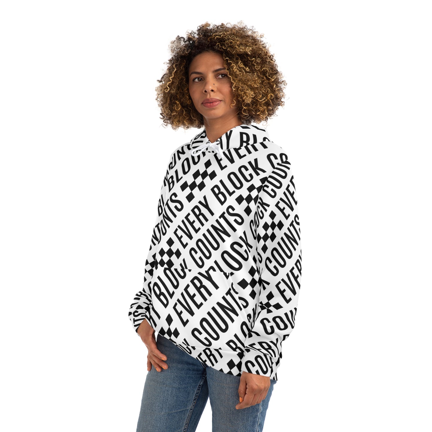 Side view of a NOKSTYLE women's hoodie showcasing the "Every Block Counts" design with striking typography and checkered patterns.