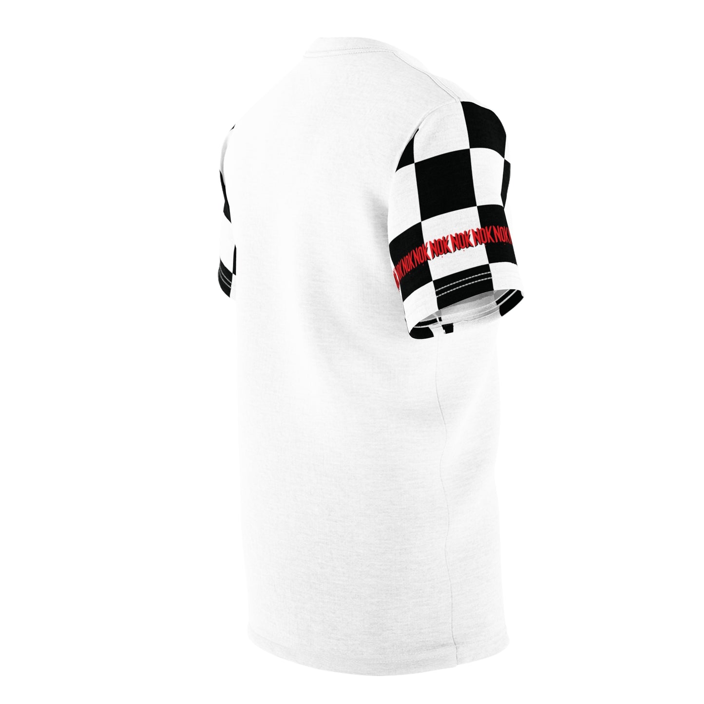 Right side of NOK T-shirt showcasing bold checkered sleeves and NOK logo detail.