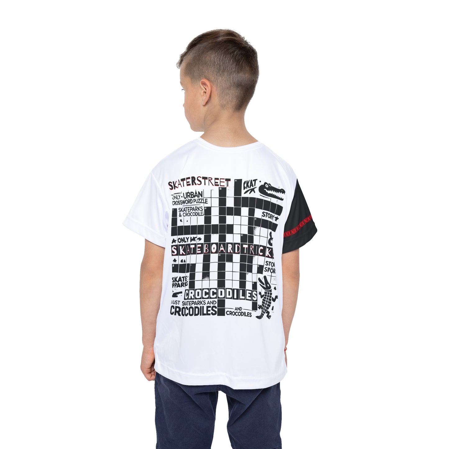 Back view of NOK Style Kids Crossword Puzzle T-Shirt with fun crossword design featuring skateboarding and crocodiles
