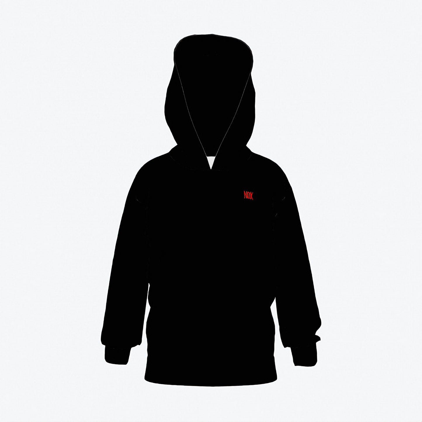Kids black hoodie with a checkerboard rock hand gesture graphic and NOK branding.