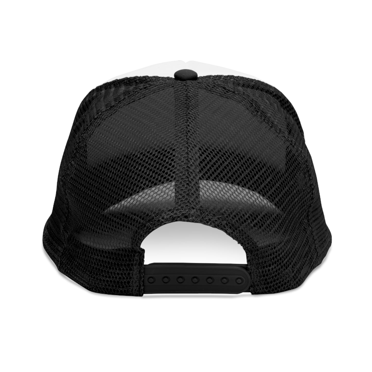Back view of the black and white trucker cap showcasing its breathable mesh panel and adjustable snapback closure for a custom fit.