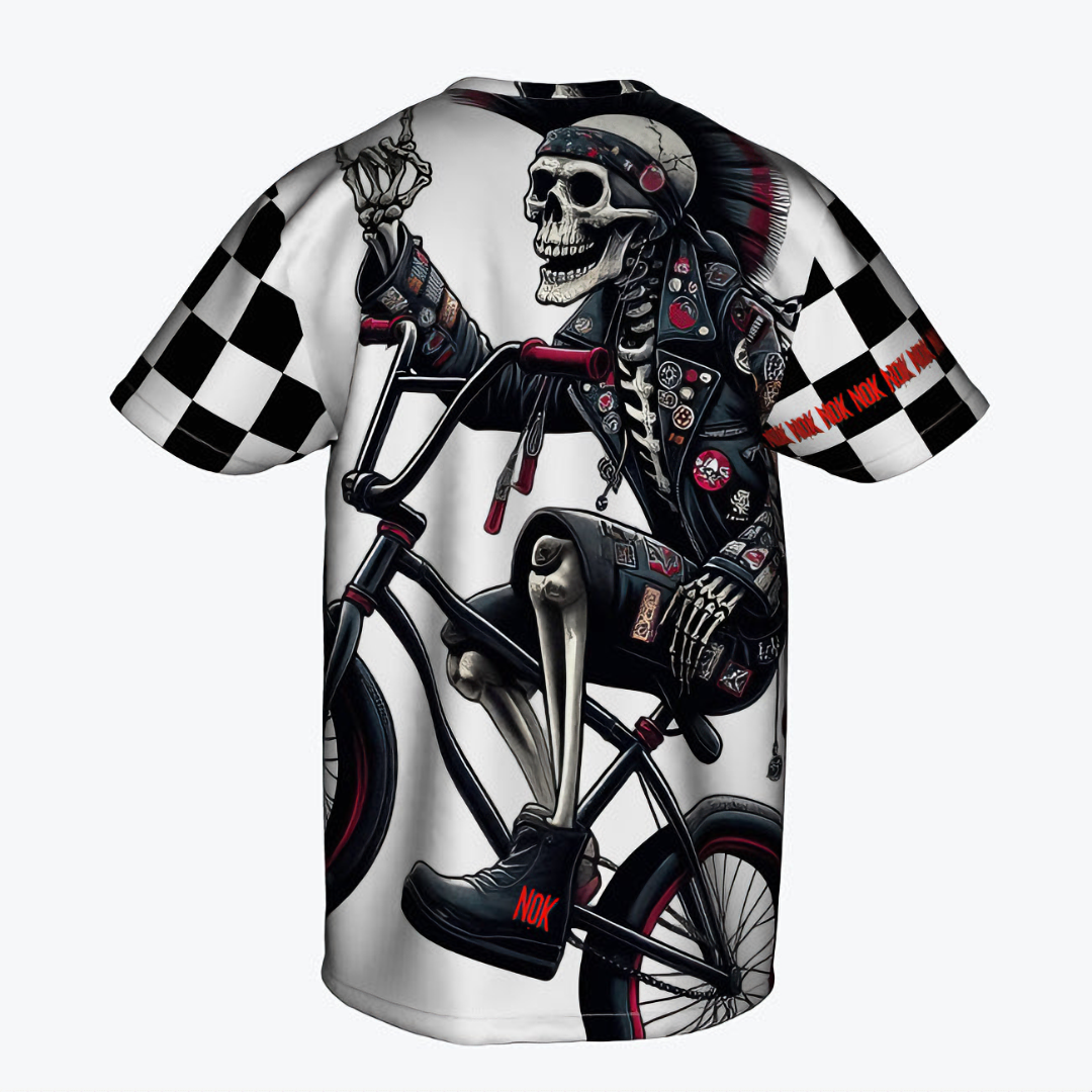 Skeleton BMX rider graphic on adult t-shirt, featuring a detailed design with checkerboard sleeves and intricate artwork.NOKS TYLE