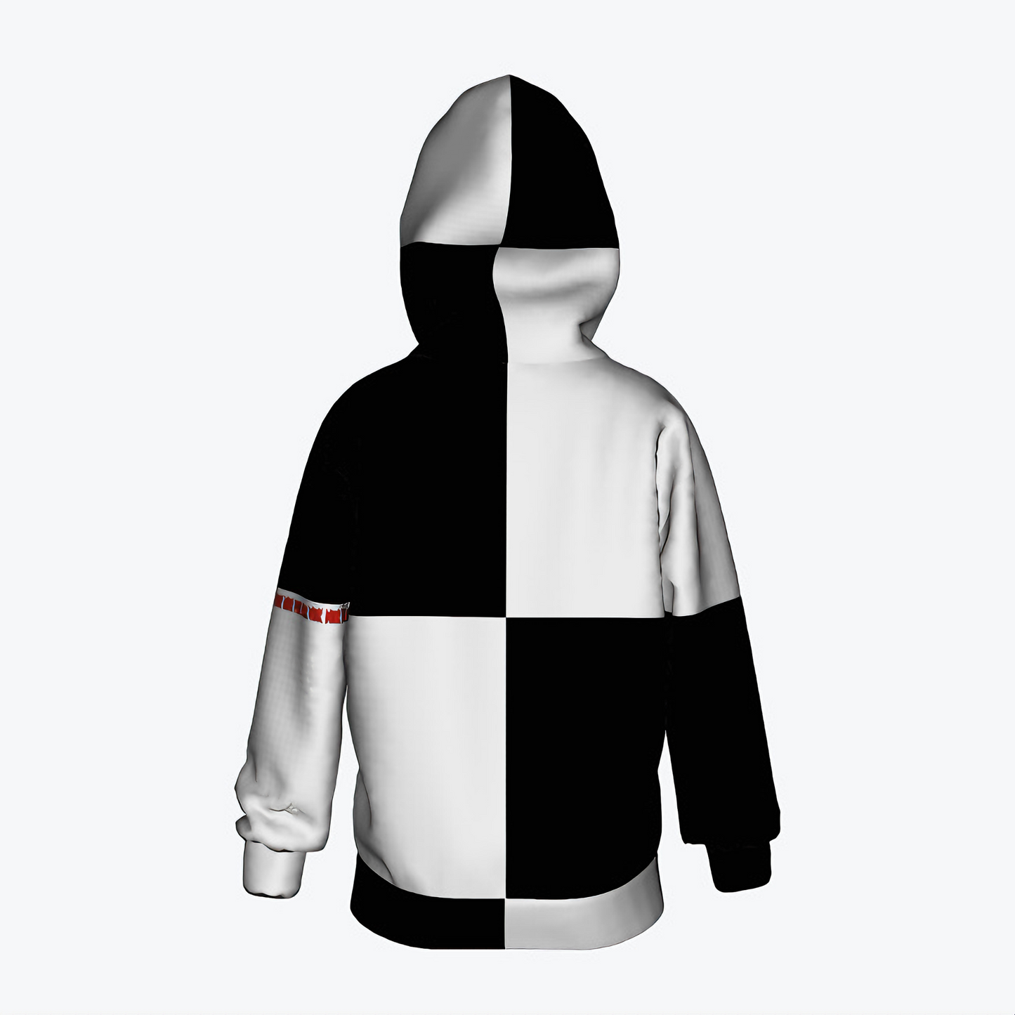 Front view of NOK STYLE Kids Checkered Black & White Block Hoodie featuring a black and white block pattern with NOK branding on the sleeve. Rear view of NOK STYLE Kids Checkered Black & White Block Hoodie displaying the continuous black and white block pattern, emphasizing simplicity and style.