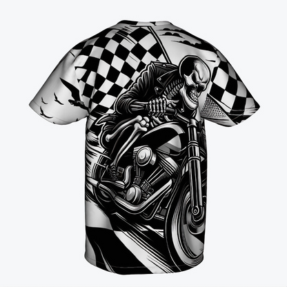 Graphic design of a skull rider on a motorcycle with checkered flag background, printed on an adult T-shirt.