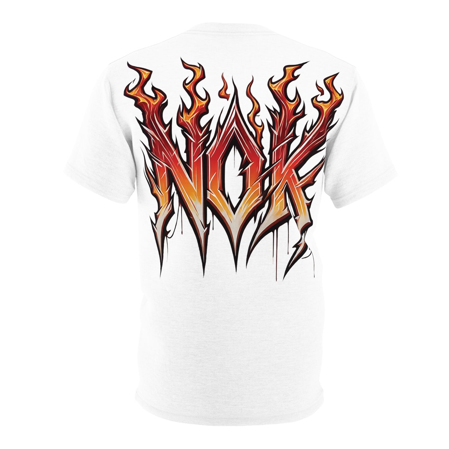 Back view of the NOK FIRE T-Shirt showcasing a large NOK logo with fiery, bold flames in streetwear style.