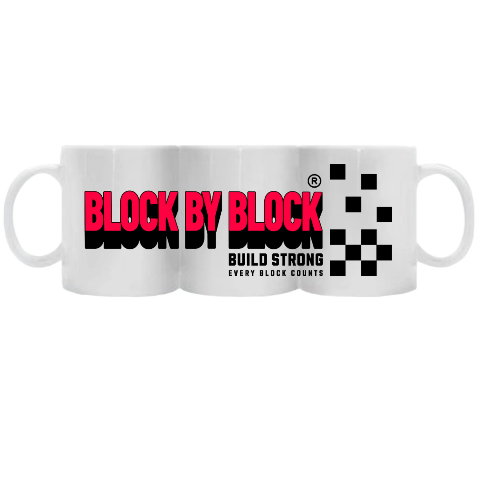 Front and back view of the "Block By Block" white ceramic mug with bold RED text and a black checkered pattern, symbolizing strength and unity.