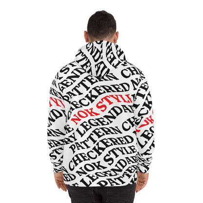 A close-up back view of the NOK STYLE hoodie, emphasizing the red NOK logo and intricate checkered text design.