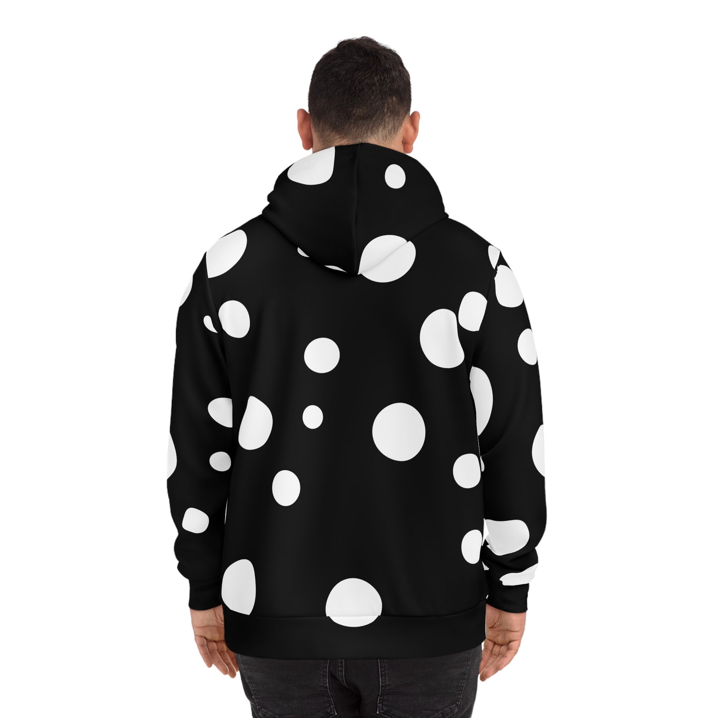 Back view of NOK's black hoodie for men, featuring bold white circular patterns, showcasing its clean and stylish design.