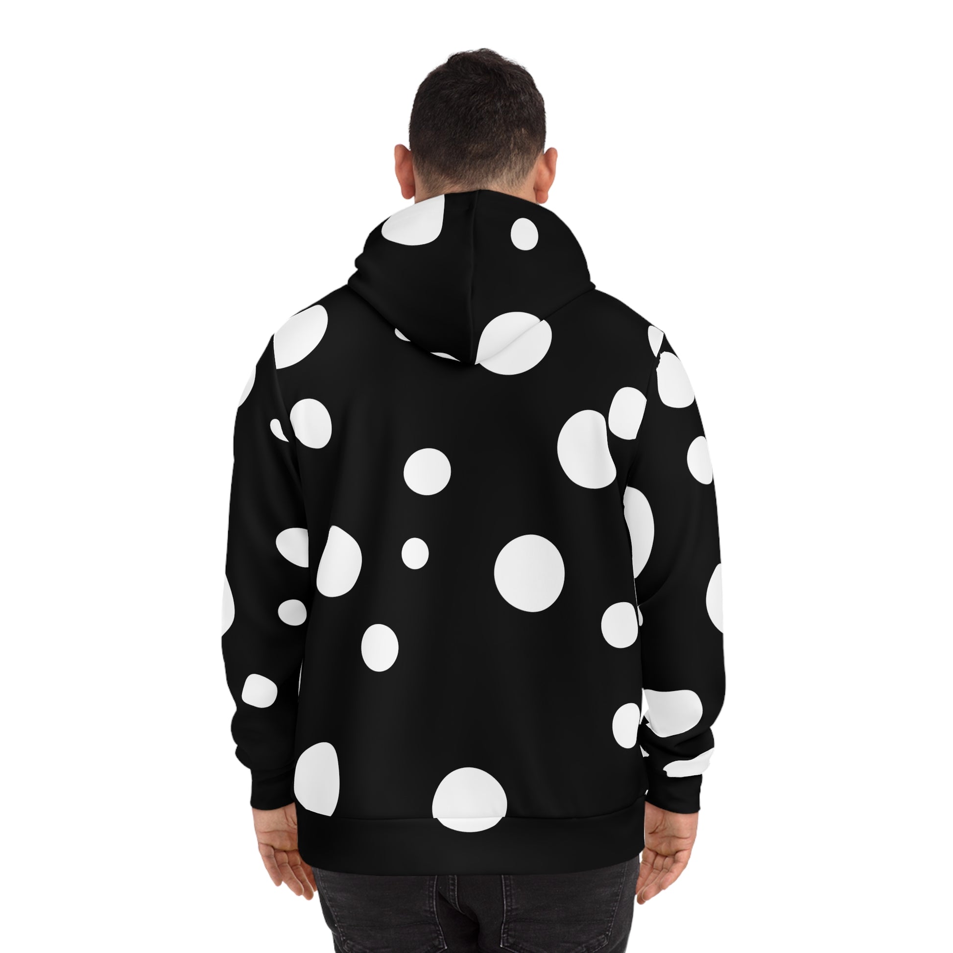 Back view of NOK's black hoodie for men, featuring bold white circular patterns, showcasing its clean and stylish design.