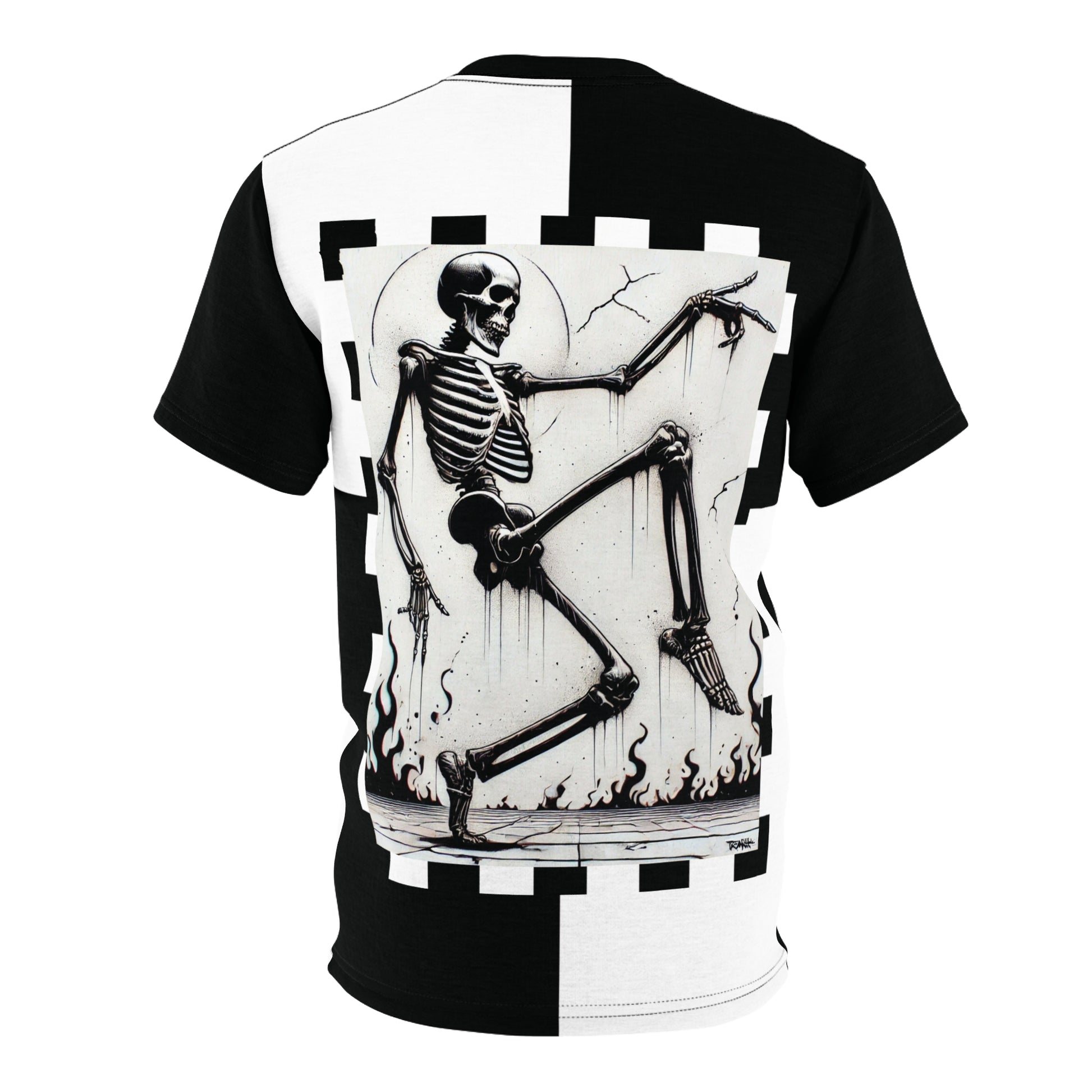 Back view of NOK Style's Skeleton Step T-Shirt for adults with a striking skeleton graphic in a dynamic pose.