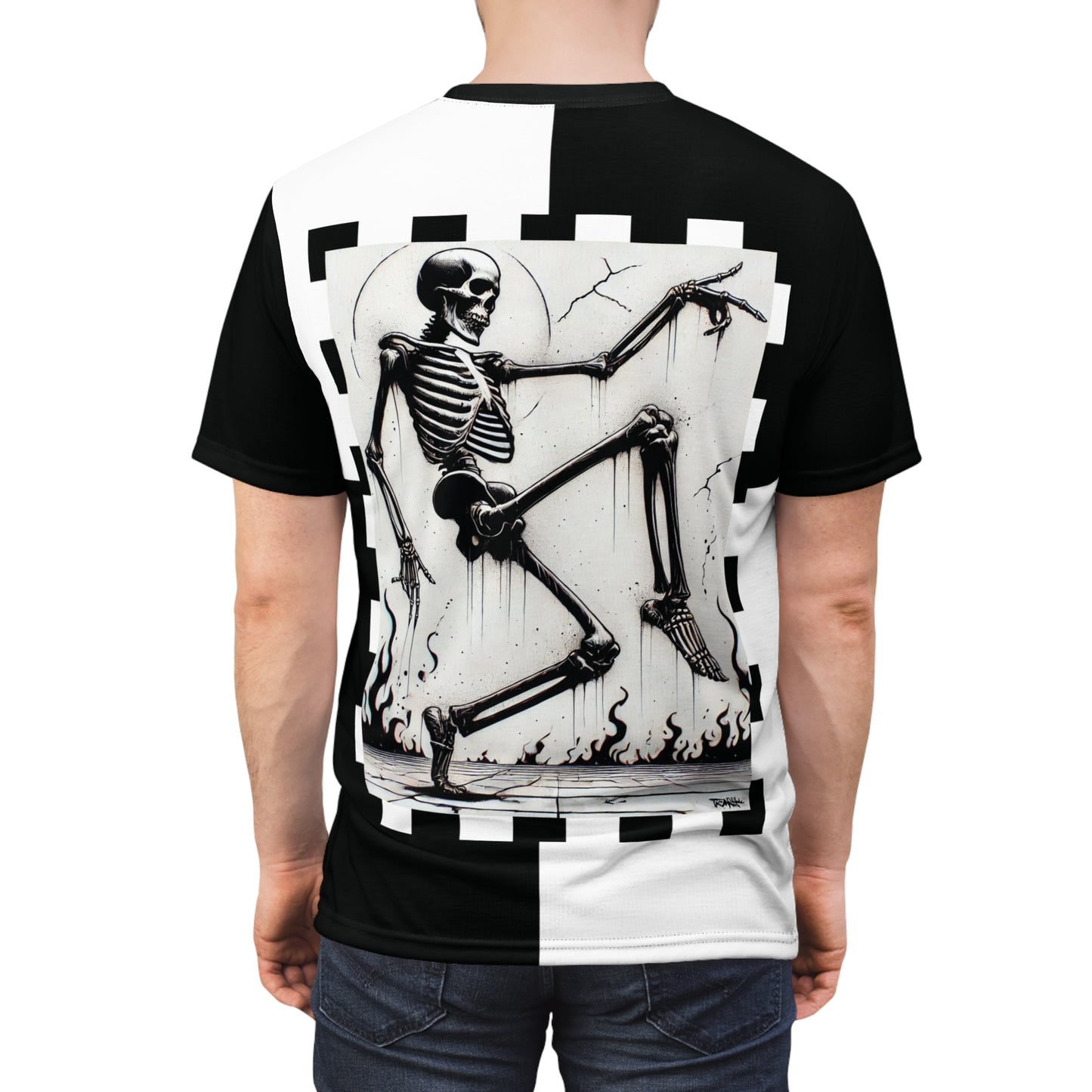 Back view of NOK Style's Skeleton Step T-Shirt for adults with a striking skeleton graphic in a dynamic pose.