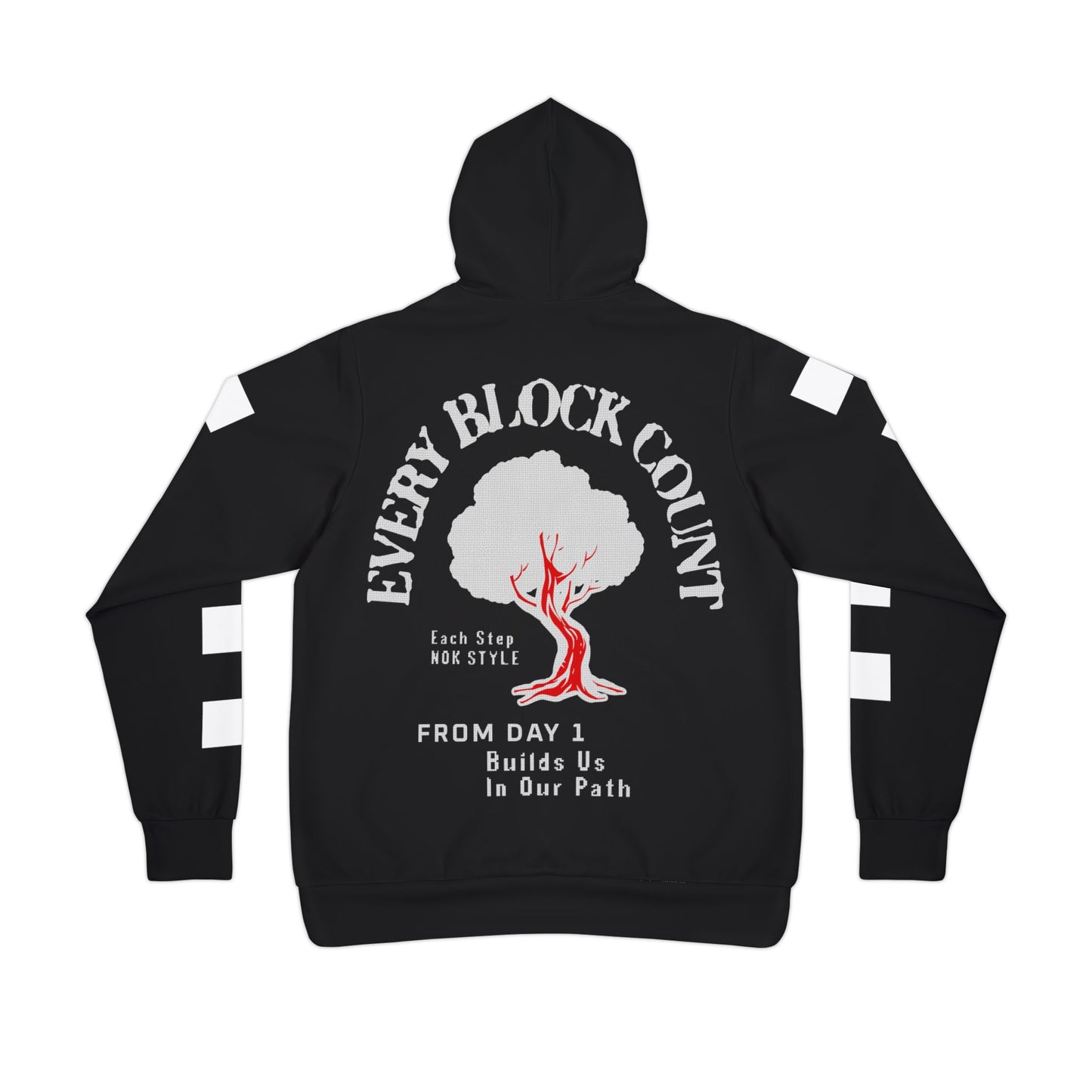 Back view of Every Block Count hoodie with a red tree graphic and motivational text, showcasing the design details.