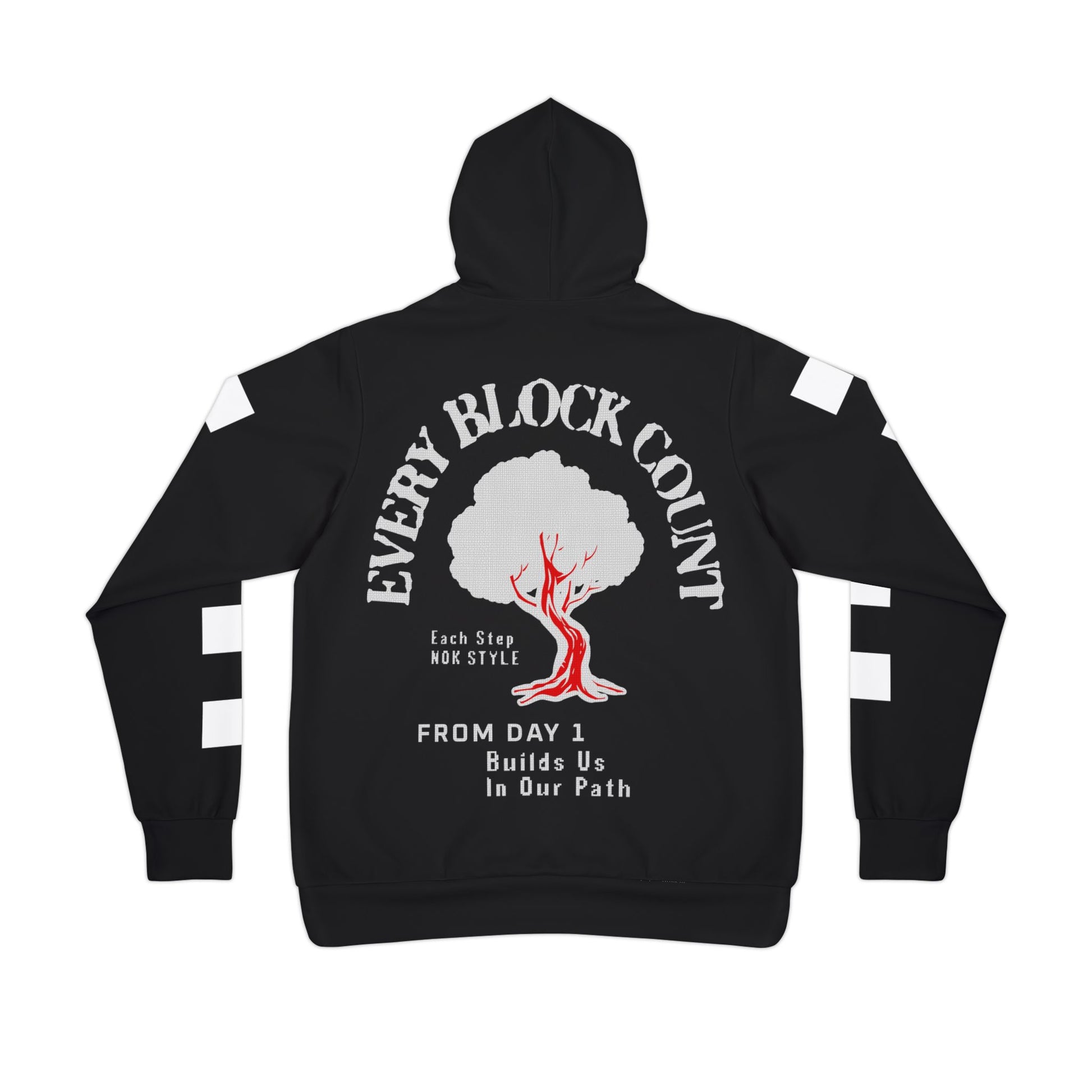 Back view of Every Block Count hoodie with a red tree graphic and motivational text, showcasing the design details.