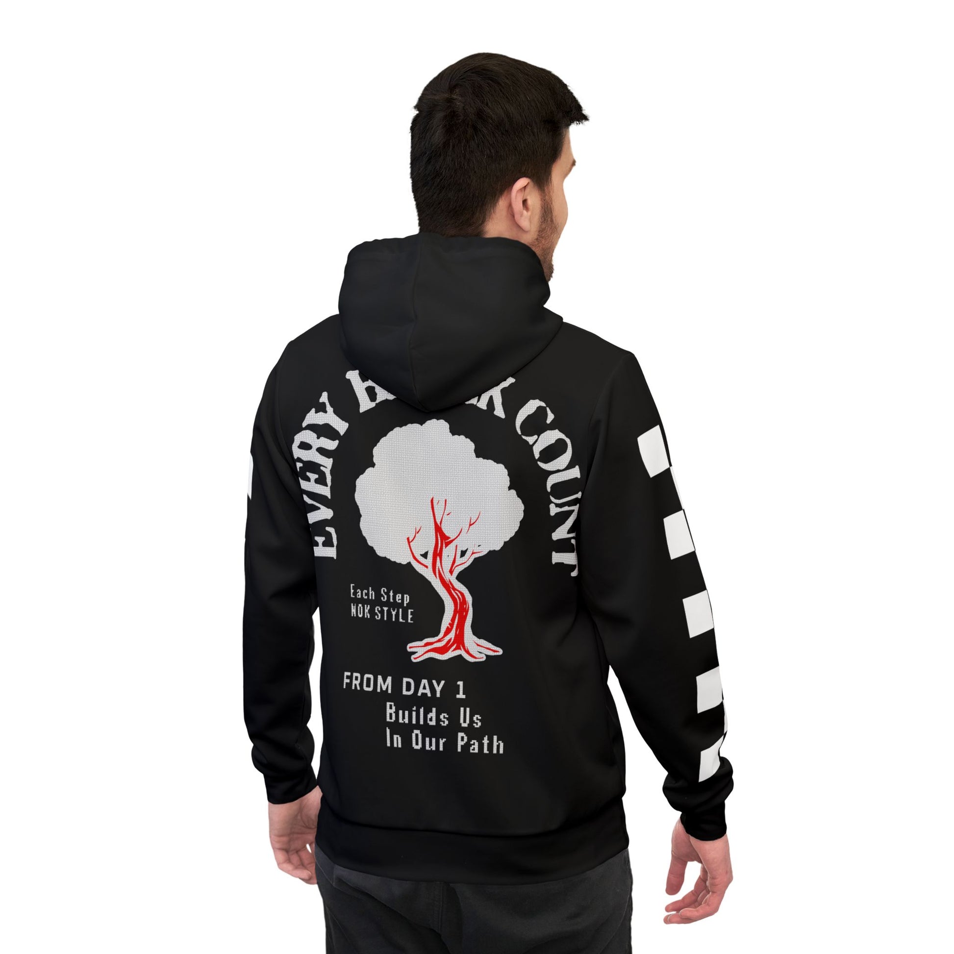 Back view of Every Block Count hoodie with a red tree graphic and motivational text, showcasing the design details.
