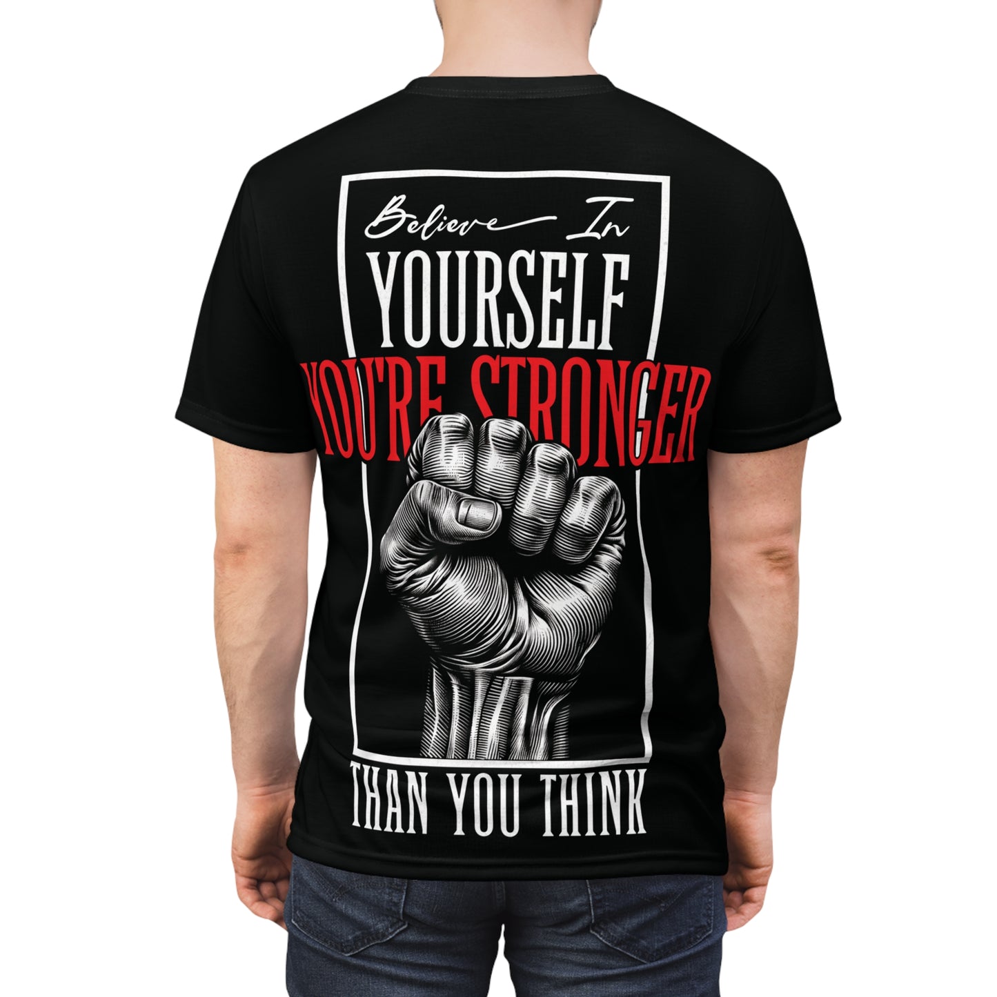 Back view of a men's black t-shirt with an inspiring fist design and text for NOKSTYLE streetwear enthusiasts.