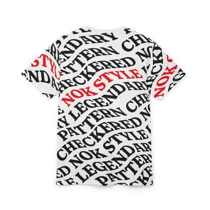 Back view of the NOKSTYLE Checkered Legends adult t-shirt showcasing bold black and red text in a patterned design.