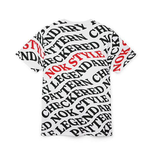 Back view of the NOKSTYLE Checkered Legends adult t-shirt showcasing bold black and red text in a patterned design.