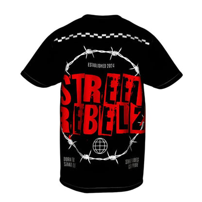 A back view of the black NOK Street Rebelz t-shirt showcasing the bold "Street Rebelz" graphic in red, surrounded by barbed wire.