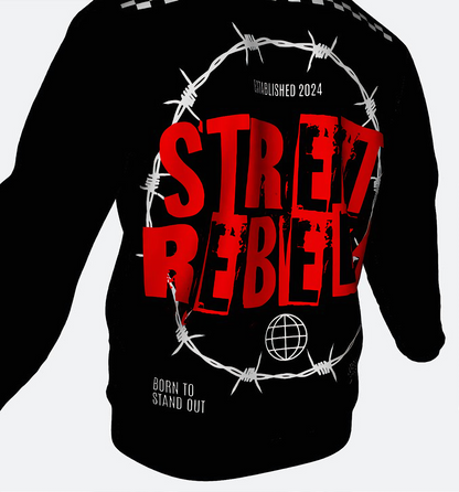 Back view of black Street Rebelz adult hoodie featuring bold red Street Rebelz graphic and barbed wire design.