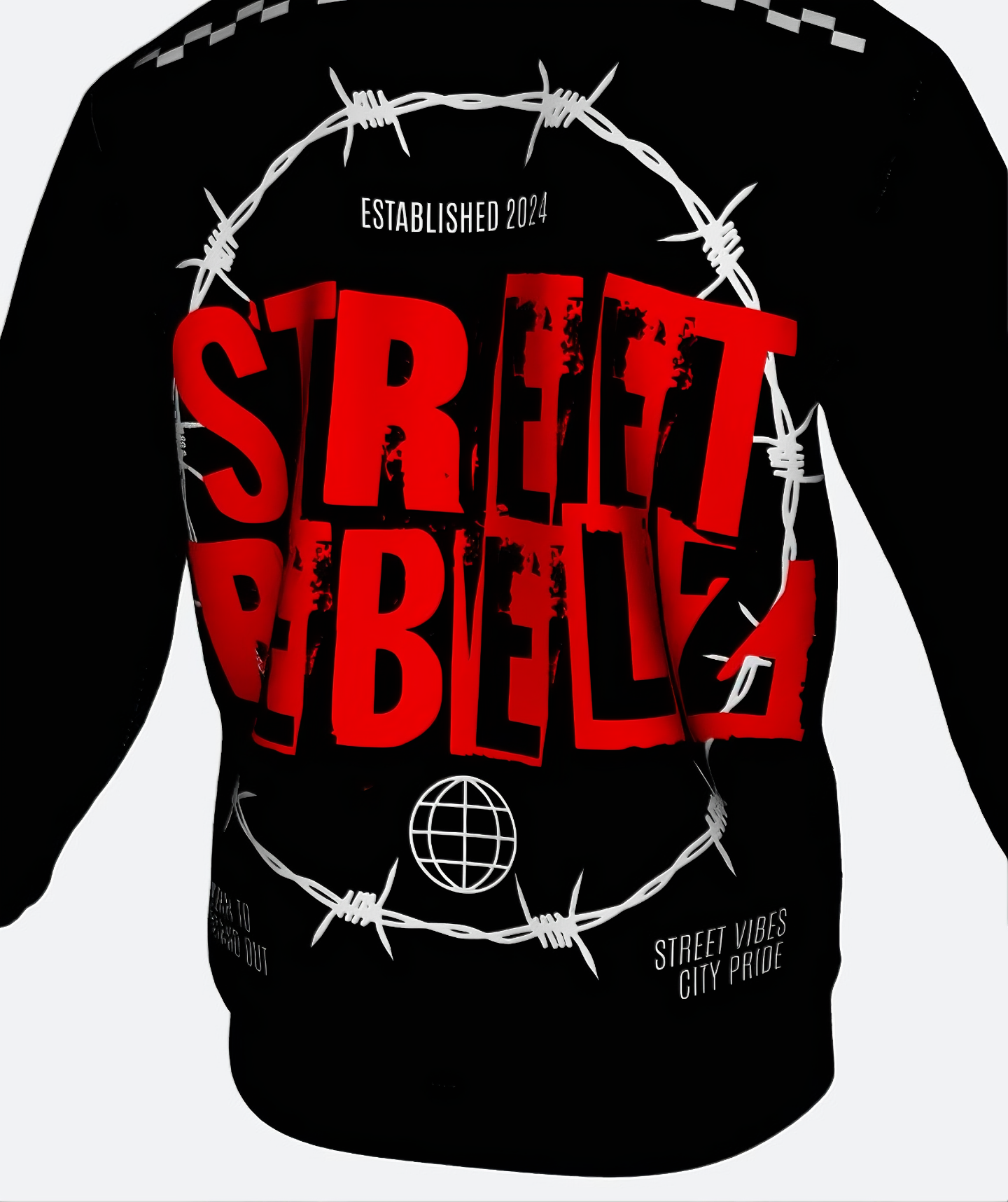 Back view of black Street Rebelz adult hoodie featuring bold red Street Rebelz graphic and barbed wire design.