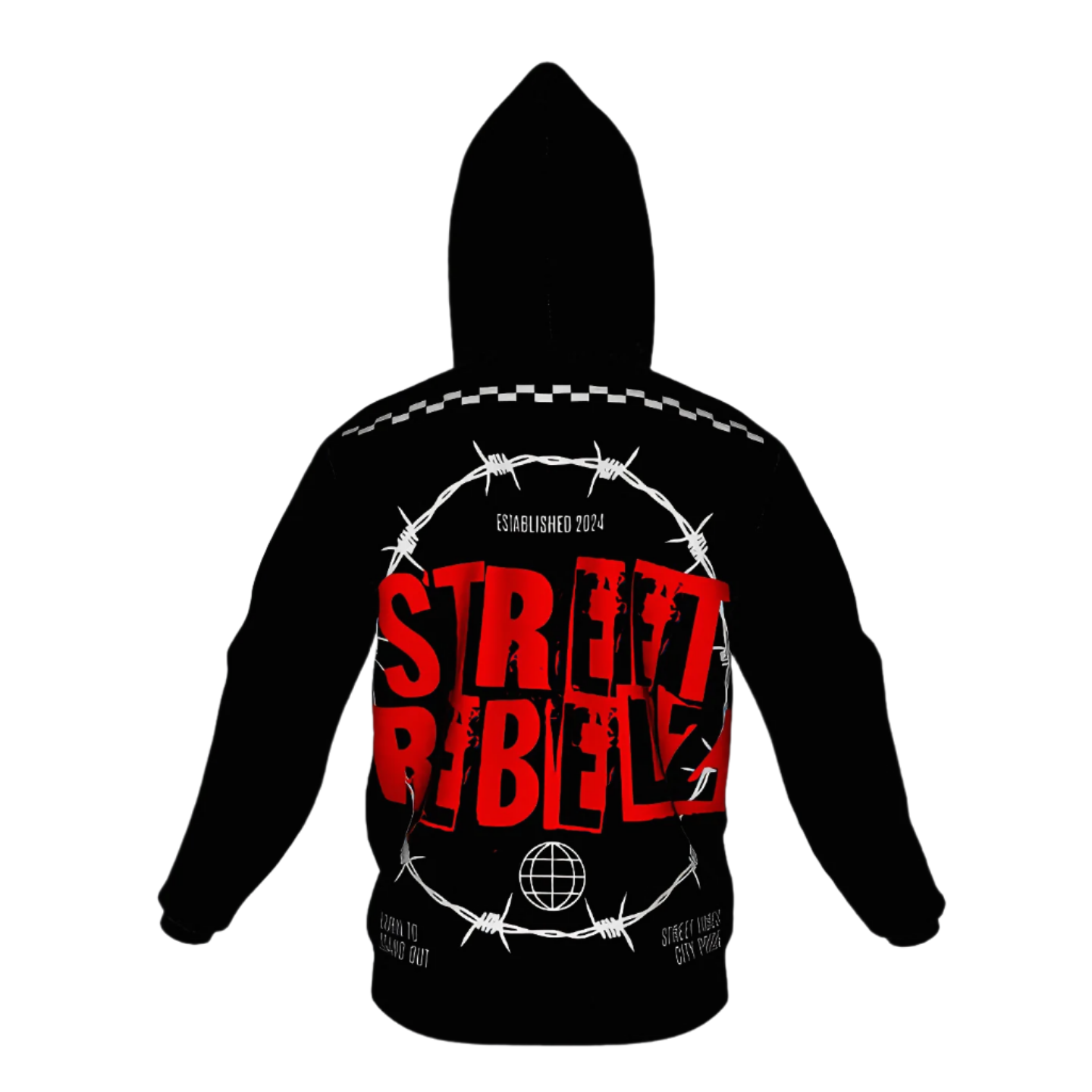 Back view of black Street Rebelz adult hoodie featuring bold red Street Rebelz graphic and barbed wire design.