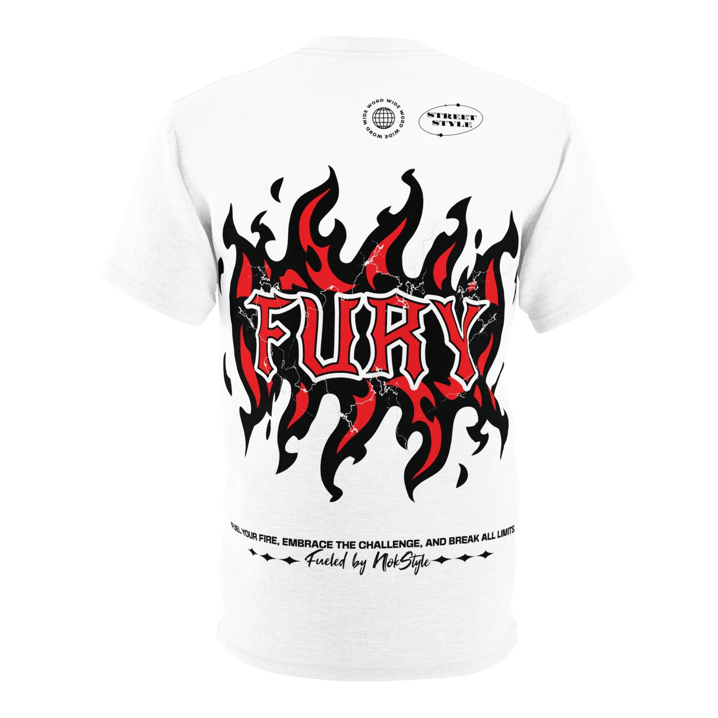Back view of T-shirt featuring the "FURY" text with bold flame artwork in red and black, NOKSTYLE branding.