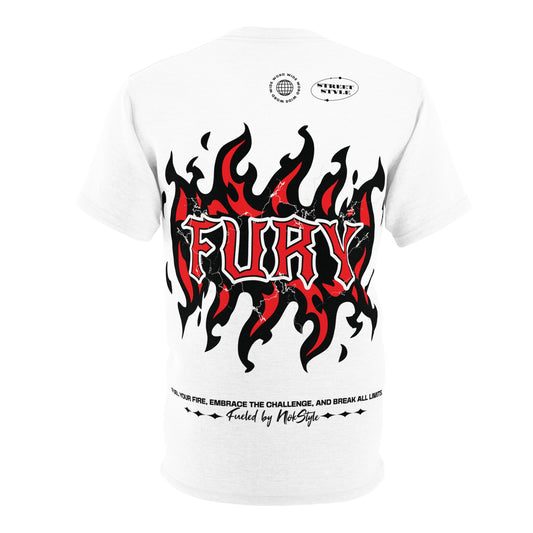 Back view of T-shirt featuring the "FURY" text with bold flame artwork in red and black, NOKSTYLE branding.