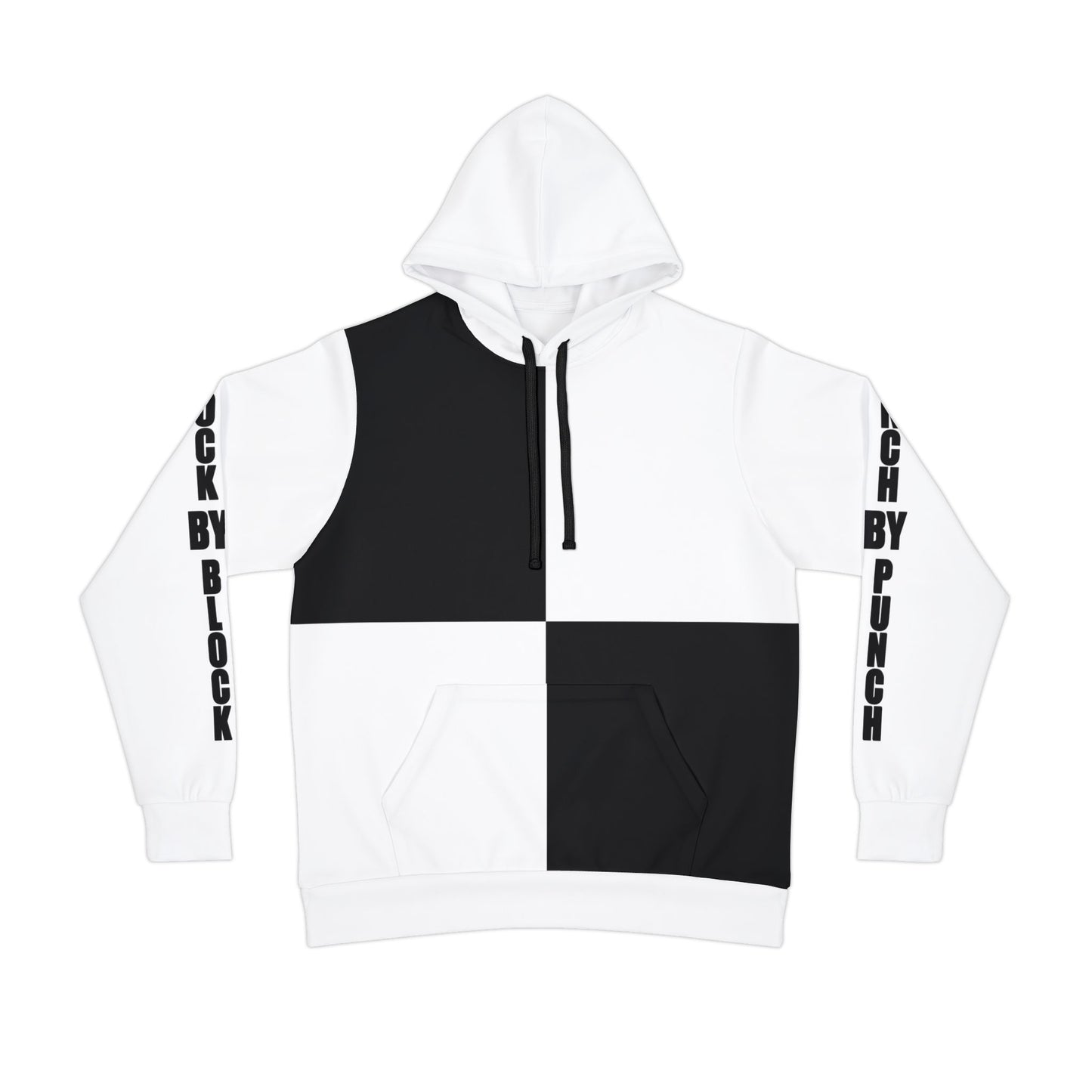 Front view of a black and white split hoodie with contrasting color blocks. The hoodie features bold text 'Block by Block' running down the sleeves, and black drawstrings for added style.
