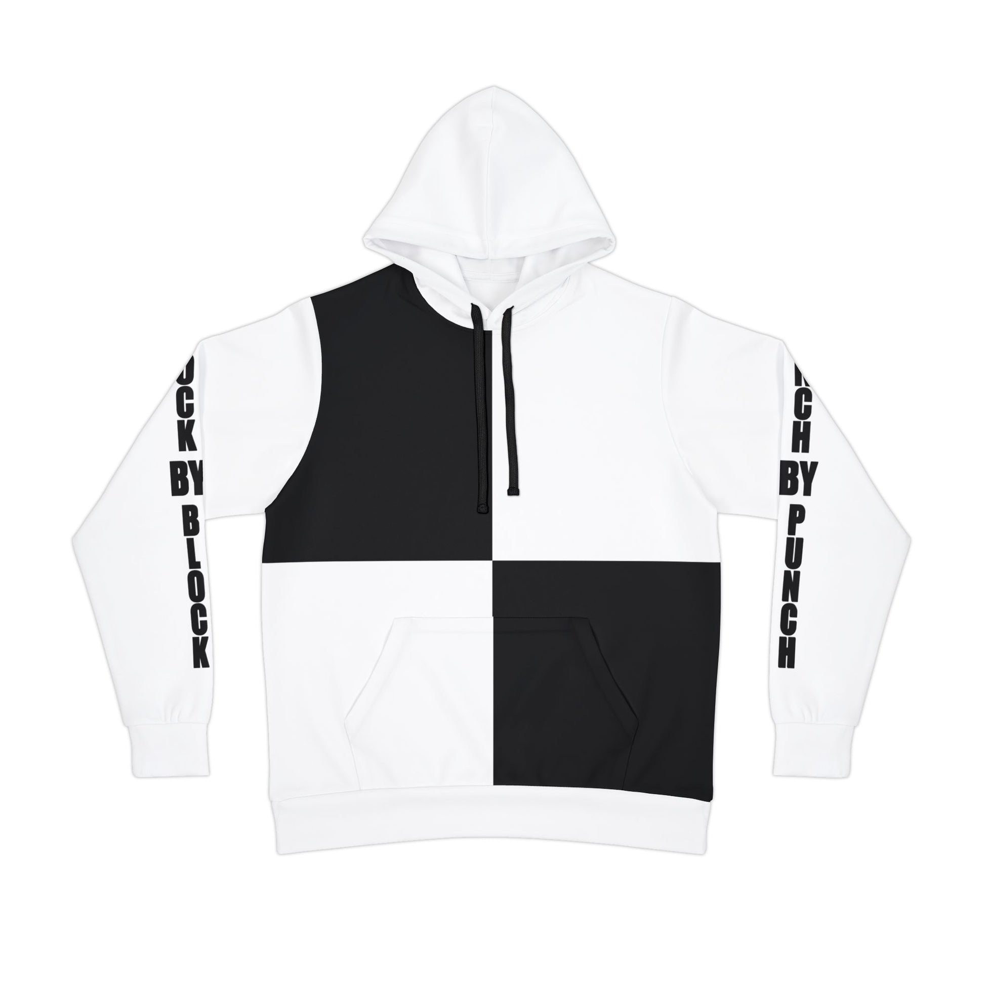 Front view of a black and white split hoodie with contrasting color blocks. The hoodie features bold text 'Block by Block' running down the sleeves, and black drawstrings for added style.