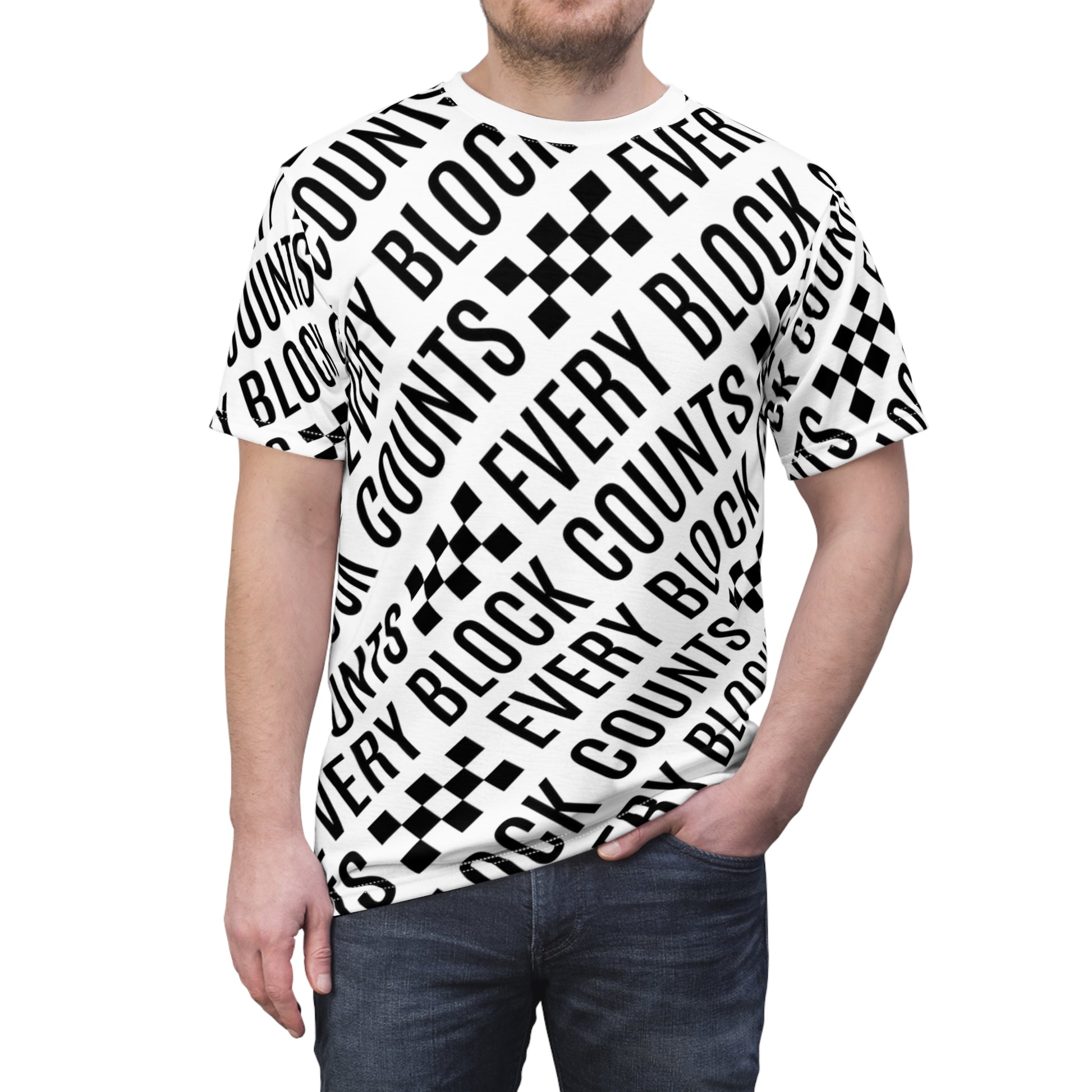 Front view of a NOKSTYLE t-shirt with bold 'Every Block Counts' and checkered design in black and white.