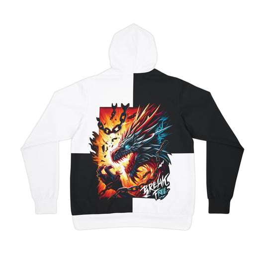 Back view of the NOKSTYLE Break Free Hoodie with vibrant dragon artwork and "Break Free" slogan.