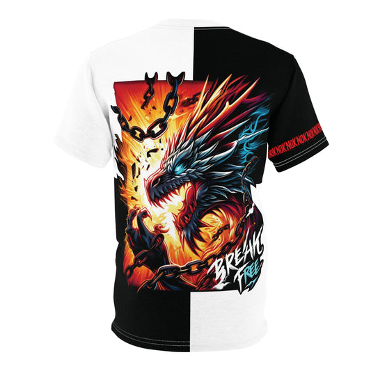 Back view of the Break Free T-Shirt featuring a powerful dragon breaking free from chains in fiery, vivid colors.