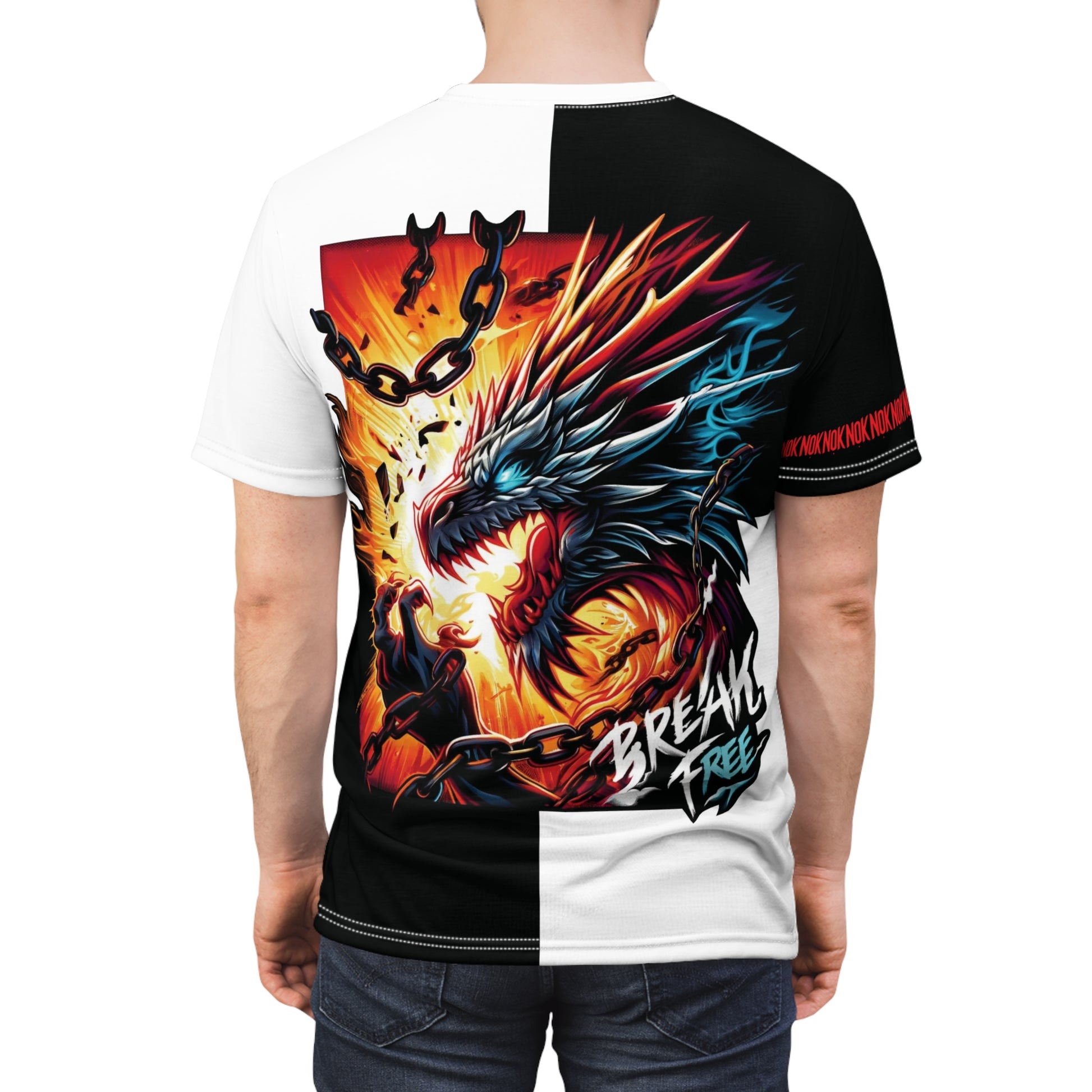 Close-up view of the detailed fiery dragon artwork on the Break Free T-Shirt for adults.