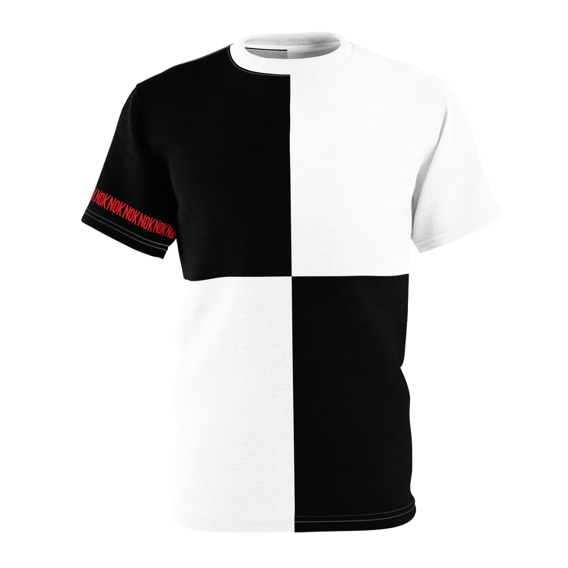Front view of the Break Free T-Shirt for adults with a bold black-and-white checkered pattern, perfect for making a statement.