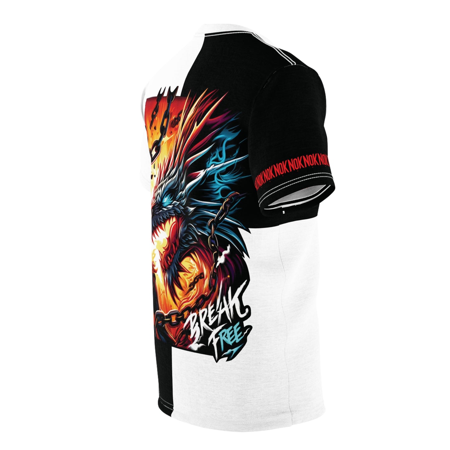 Side view of the Break Free T-Shirt for adults with NOK branding on the sleeve and a dynamic dragon design.