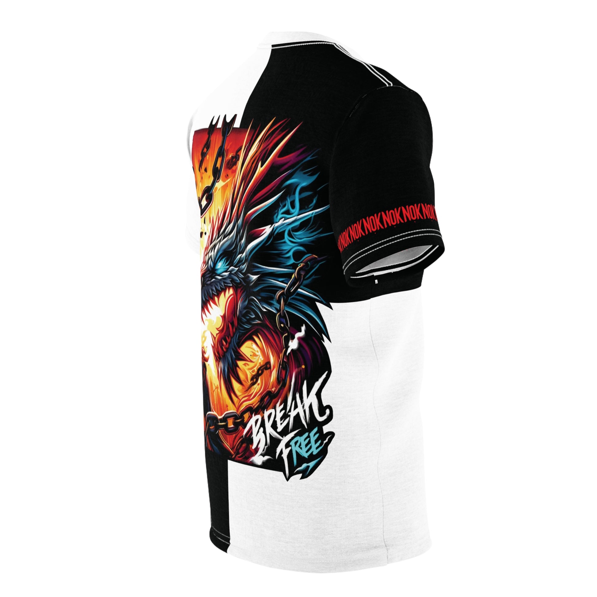 Side view of the Break Free T-Shirt for adults with NOK branding on the sleeve and a dynamic dragon design.