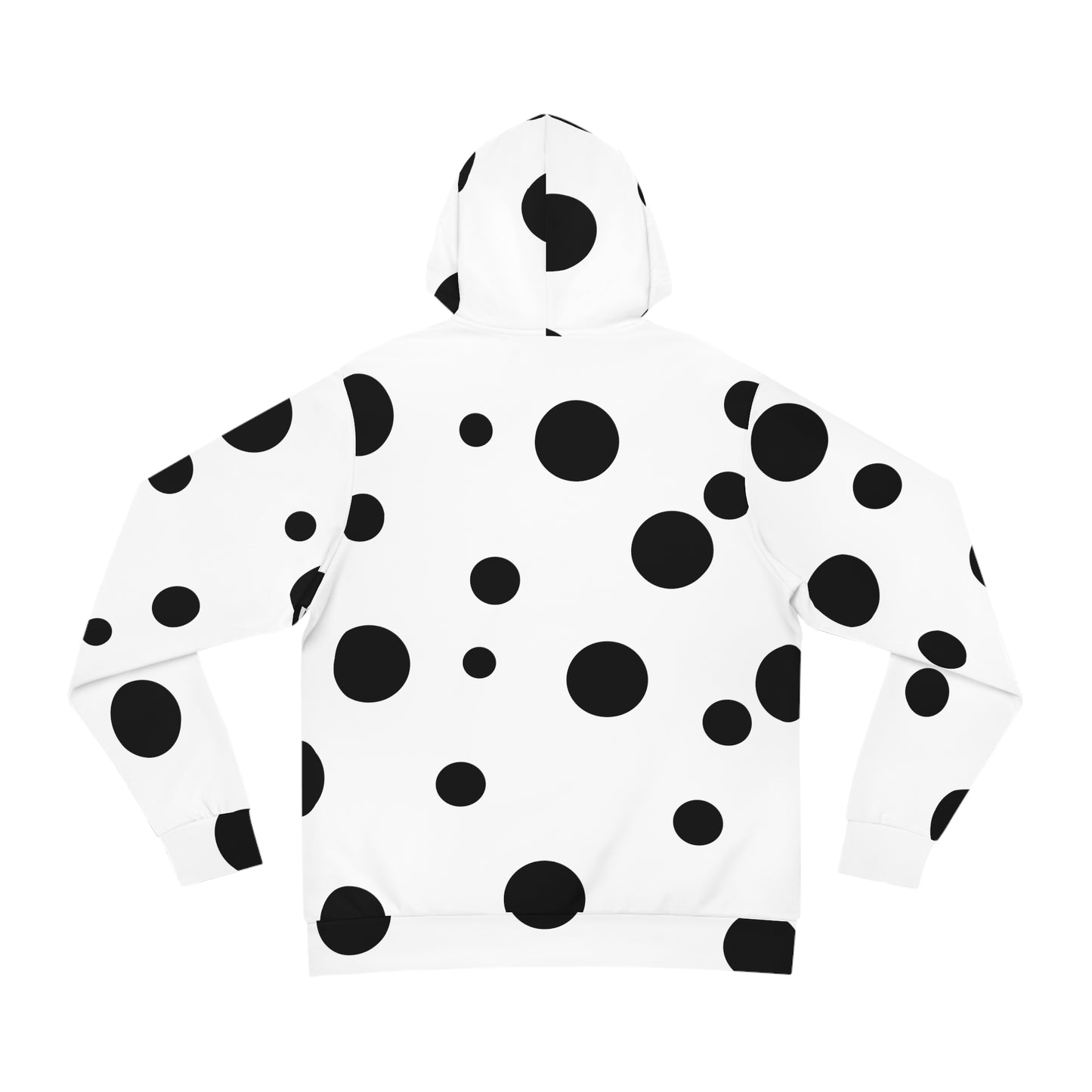 Flat lay view of the white 'Break the Pattern' hoodie showcasing bold black circular patterns on the back.